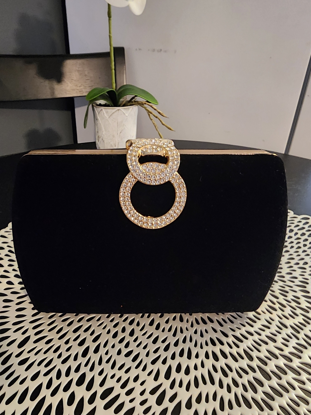 Black Velvet Clutch with Gold Crystal Ring Accent